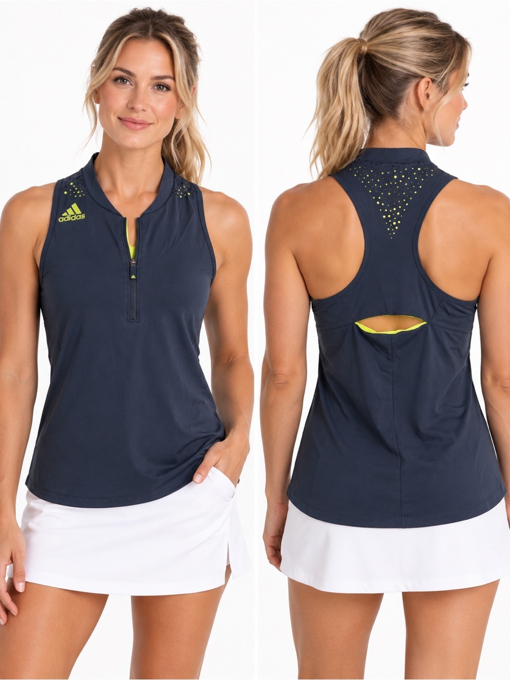 Adidas | Golf Tennis Sleeveless 1/4 Zip Racerback Top Navy Lime Sz L EUC